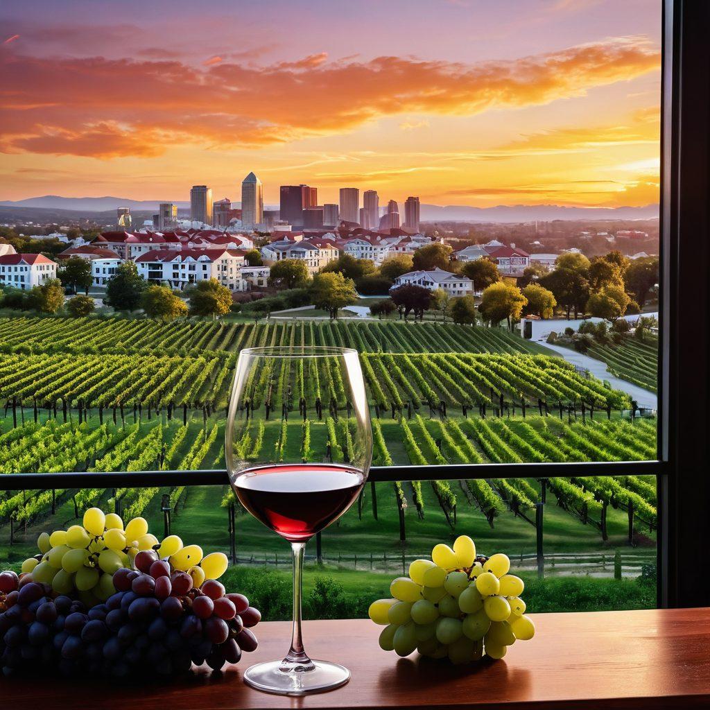 A scenic view of lush vineyards in Arlington, transitioning to a refined wine glass filled with a deep red wine. The backdrop showcases luxurious premium apartments with modern architecture, all under a golden sunset. Include elements of grape clusters and wine bottles artistically arranged, symbolizing the journey from grape to glass. super-realistic. vibrant colors. soft focus.