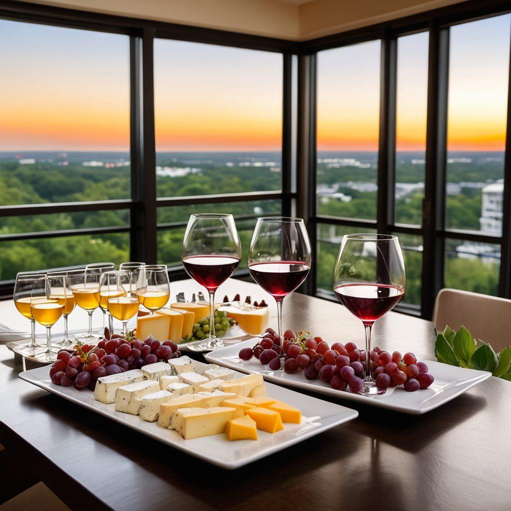 A luxurious wine tasting setup featuring elegantly designed glasses filled with deep red and white wines, surrounded by intricate cheese platters and gourmet appetizers. In the background, modern Arlington premium apartments with large windows showing a sunset view, creating an inviting atmosphere. Reflections of opulence and comfort with lush greenery around the building. super-realistic. vibrant colors. elegant ambiance.
