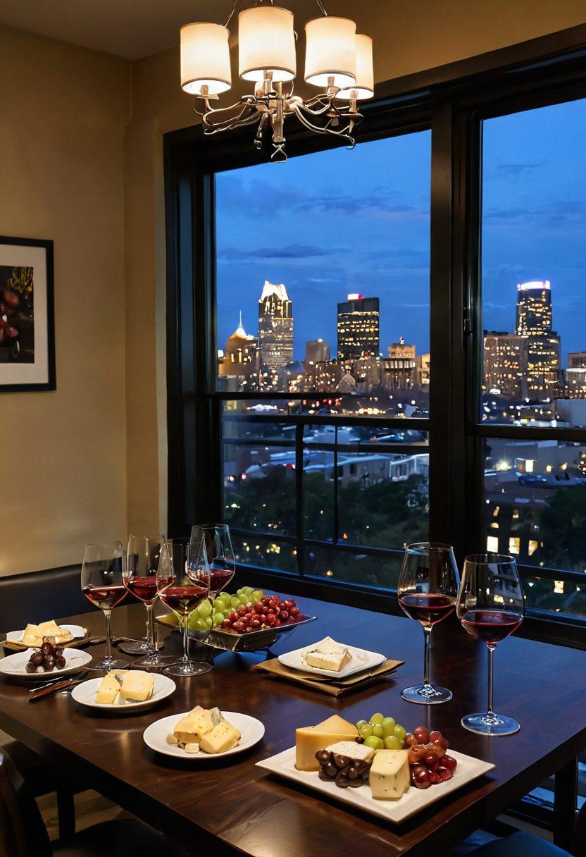 A luxurious wine tasting setup in a high-end rental, featuring elegant wine glasses filled with rich red and crisp white wines, surrounded by tasteful gourmet cheese and chocolate pairings. Dark wood furnishings and soft, ambient lighting create a warm and inviting atmosphere. Outside the window, a view of Arlington's skyline adds an urban touch. Include an array of wine bottles elegantly displayed on a stylish rack. super-realistic. vibrant colors. warm lighting.
